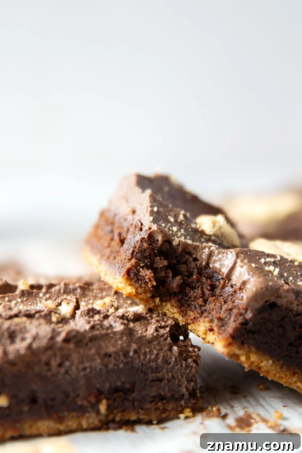 Golden Graham Brownies, Crowned with Whipped Chocolate Ganache 2 These graham cracker brownies feature a fudgy brownie layer baked on top of a buttery graham cracker crust base and topped with fluffy whipped chocolate ganache.