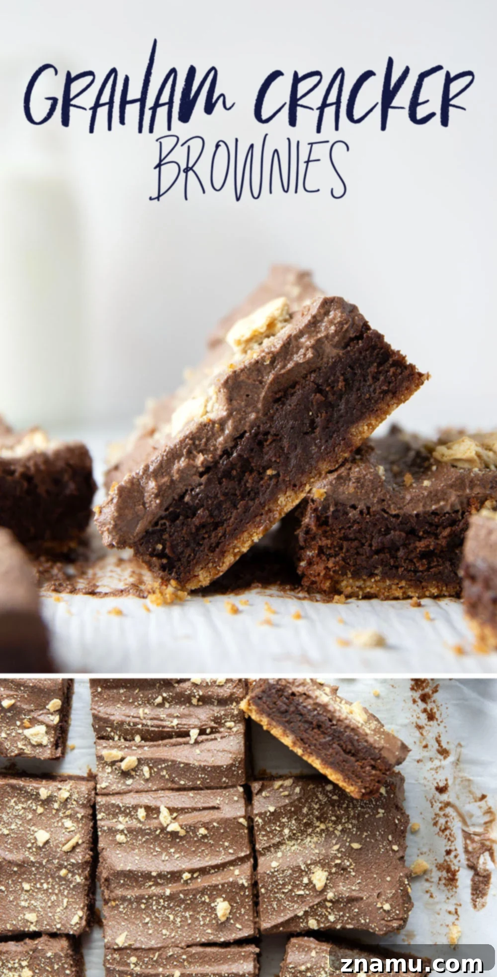 Golden Graham Brownies, Crowned with Whipped Chocolate Ganache 7 These graham cracker brownies feature a fudgy brownie layer baked on top of a buttery graham cracker crust base and topped with fluffy whipped chocolate ganache.