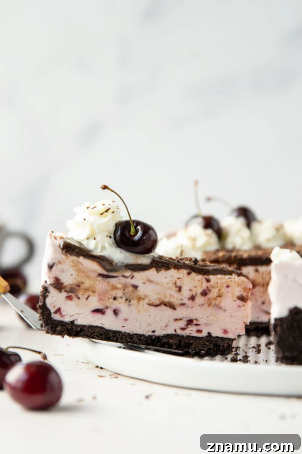 Black Forest Frozen Cheesecake 2 This frozen black forest cheesecake is completely no-bake and features a buttery Oreo crust, silky cherry cheesecake filling, and lots of hot fudge sauce on top.