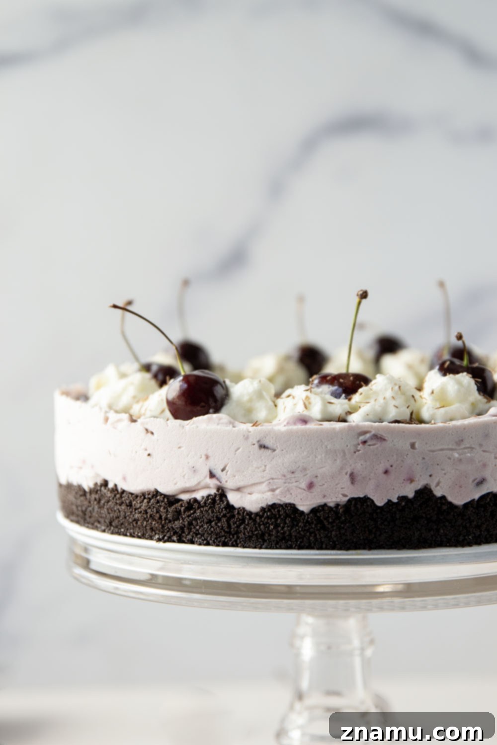 Black Forest Frozen Cheesecake 3 This frozen black forest cheesecake is completely no-bake and features a buttery Oreo crust, silky cherry cheesecake filling, and lots of hot fudge sauce on top.