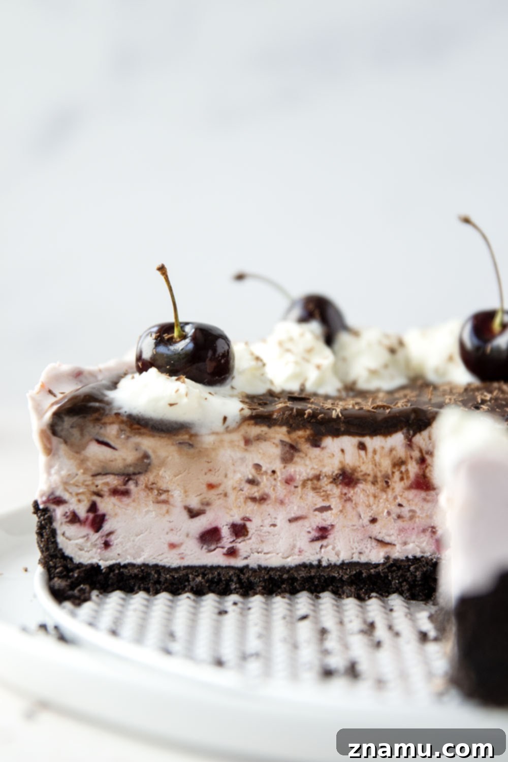 Black Forest Frozen Cheesecake 5 This frozen black forest cheesecake is completely no-bake and features a buttery Oreo crust, silky cherry cheesecake filling, and lots of hot fudge sauce on top.