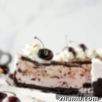 Black Forest Frozen Cheesecake 8 This frozen black forest cheesecake is completely no-bake and features a buttery Oreo crust, silky cherry cheesecake filling, and lots of hot fudge sauce on top.
