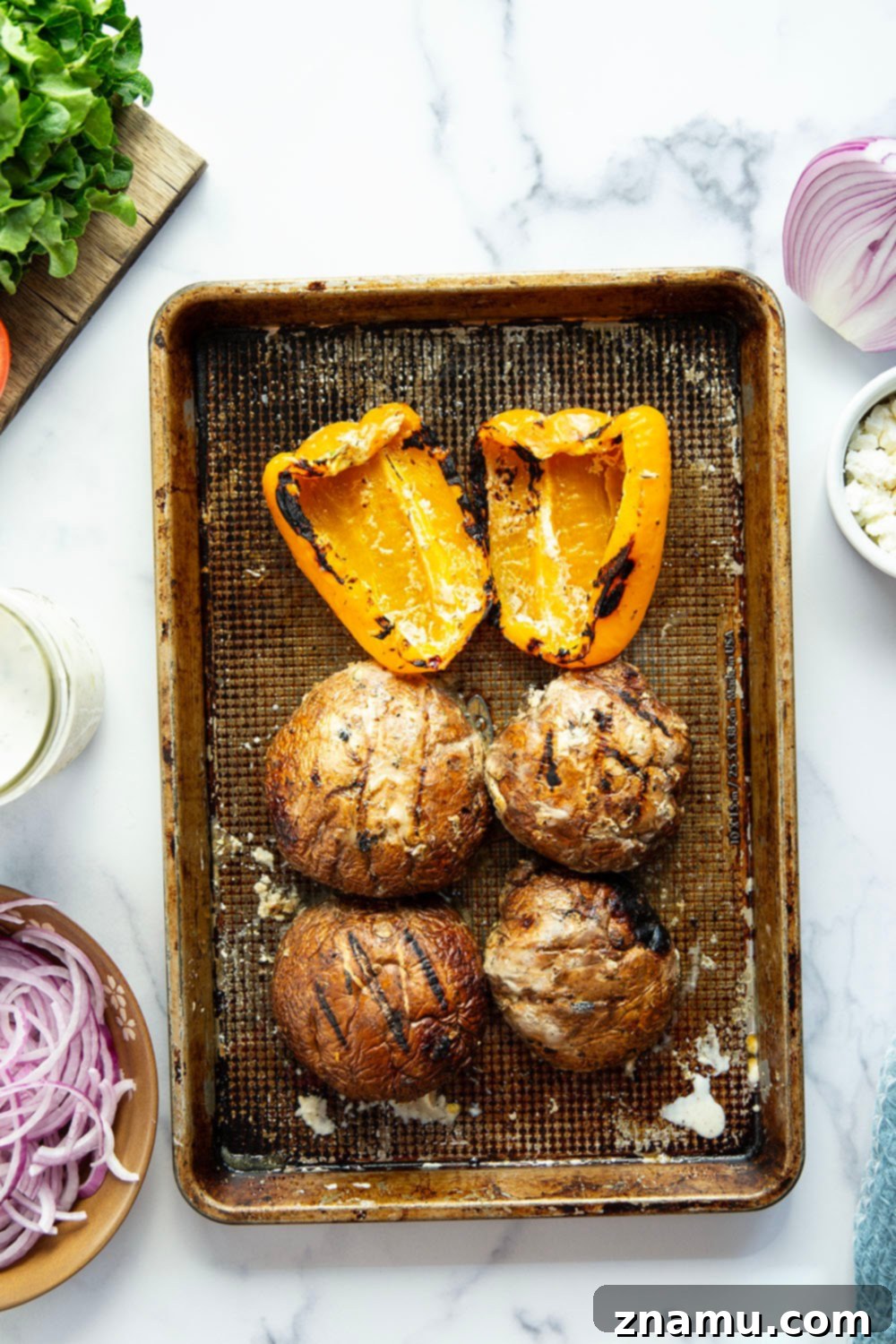Savory Grilled Portobello Gyros 3 These portobello mushroom gyros feature tender portobello mushrooms and sweet peppers marinated in a flavorful yogurt marinade, grilled to perfection, and stuffed in a soft pita with all the classic gyro ingredients.