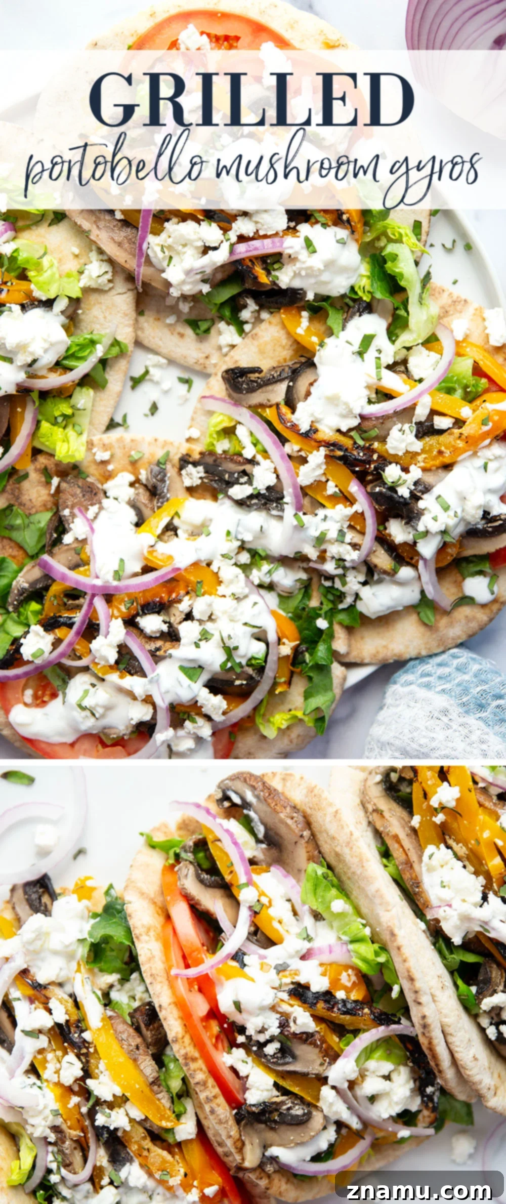 Savory Grilled Portobello Gyros 7 These portobello mushroom gyros feature tender portobello mushrooms and sweet peppers marinated in a flavorful yogurt marinade, grilled to perfection, and stuffed in a soft pita with all the classic gyro ingredients.