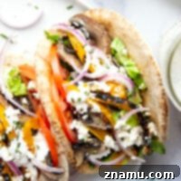 Savory Grilled Portobello Gyros 8 These portobello mushroom gyros feature tender portobello mushrooms and sweet peppers marinated in a flavorful yogurt marinade, grilled to perfection, and stuffed in a soft pita with all the classic gyro ingredients.