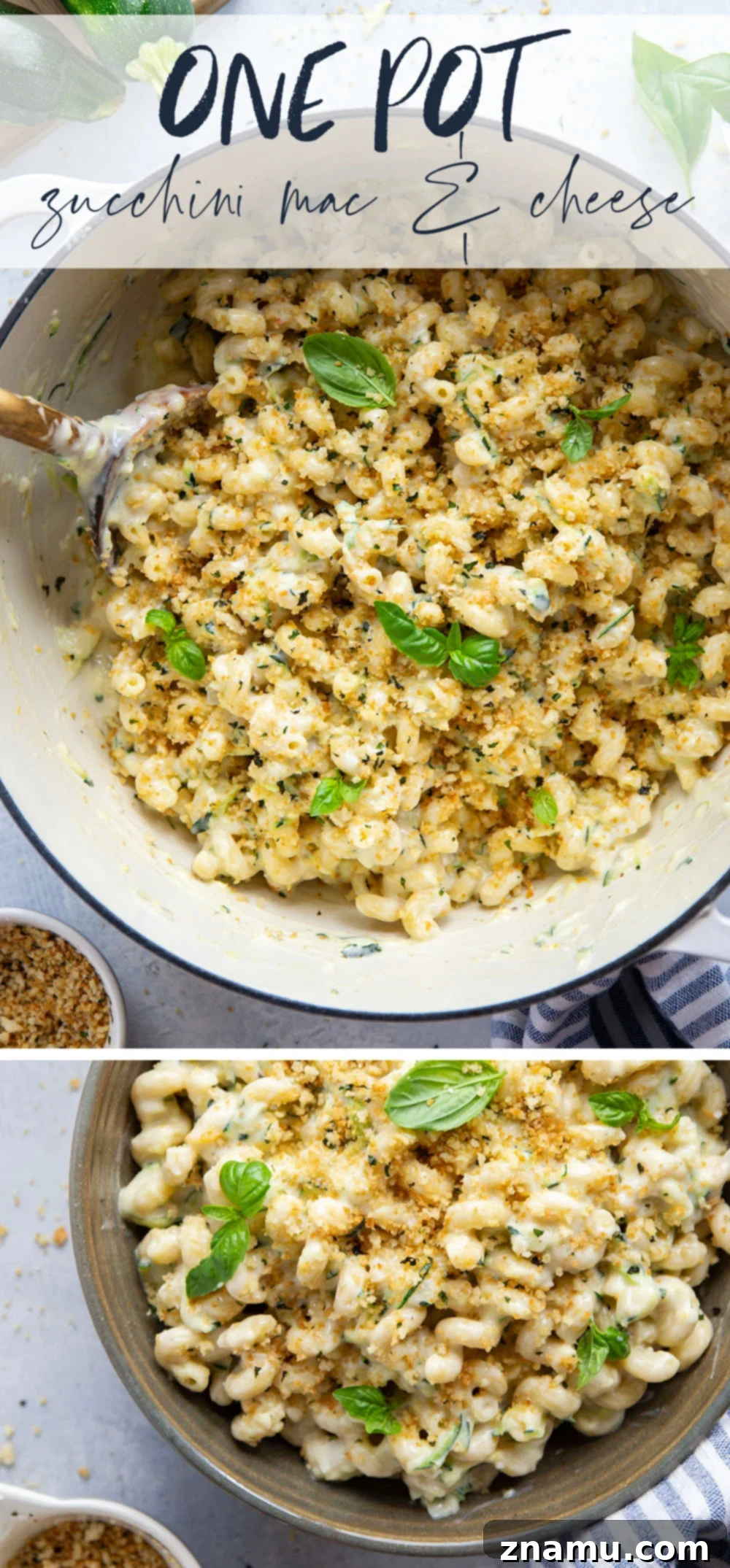 Creamy One-Pot Zucchini Mac and Cheese 7 Overhead shot of a large pot filled with creamy zucchini mac and cheese, ready to be served.
