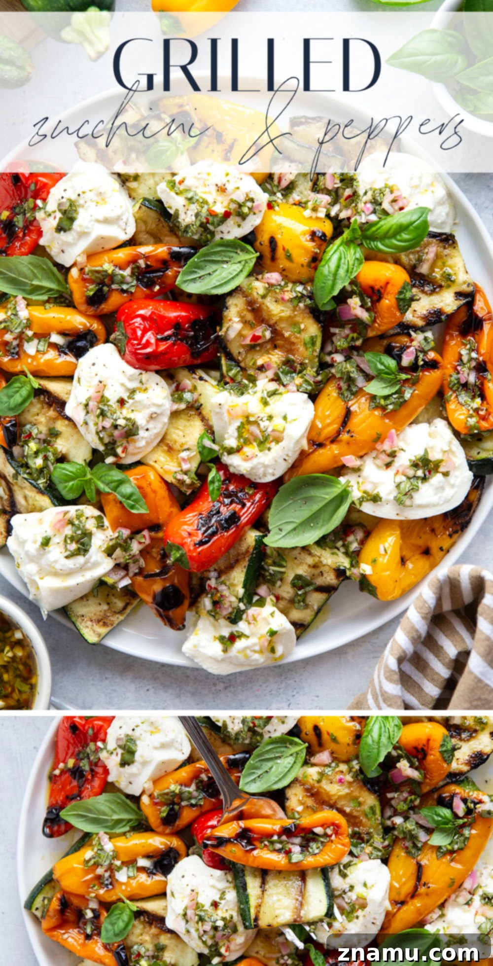 Smoky Grilled Vegetables, Creamy Burrata, Zesty Chimichurri 7 An overhead shot of a generous serving of grilled zucchini and peppers with burrata and chimichurri on a rustic wooden board.