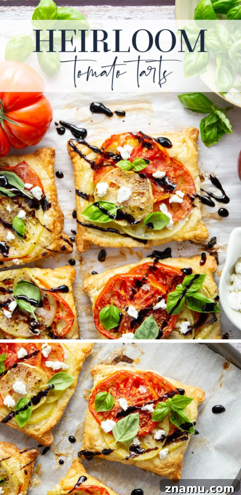 Jewel-Toned Heirloom Tomato Tarts with Tangy Goat Cheese 7 Flaky puff pastry is baked with a sweet heirloom tomato filling and lots of flavorful goat cheese in these easy heirloom tomato tarts!