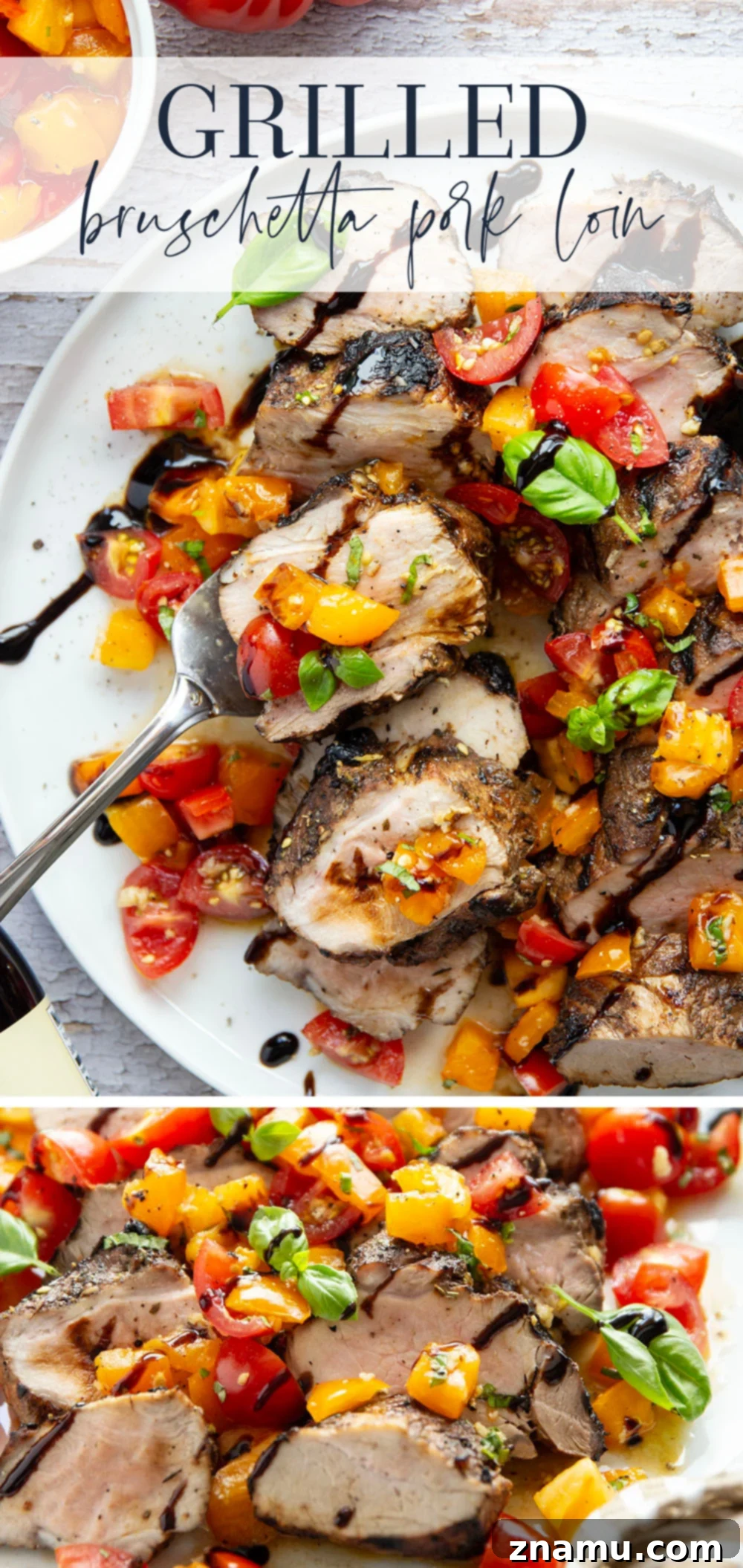 Grilled Pork Loin with Zesty Bruschetta 7 Beautifully presented Grilled Bruschetta Pork Loin on a white plate with fresh herbs