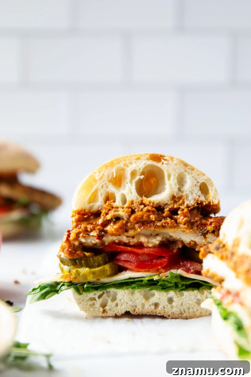 Romesco Chicken Crunch Sandwich 2 Crispy pan-fried chicken cutlets and a flavorful homemade romesco sauce create the most incredible sandwich pairing in this gourmet crispy chicken romesco sandwich, served on ciabatta with fresh toppings.
