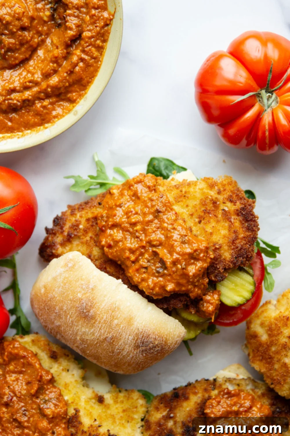 Romesco Chicken Crunch Sandwich 6 The final delicious Crispy Chicken Romesco Sandwich, cut in half to reveal the perfectly layered ingredients, ready to be enjoyed.