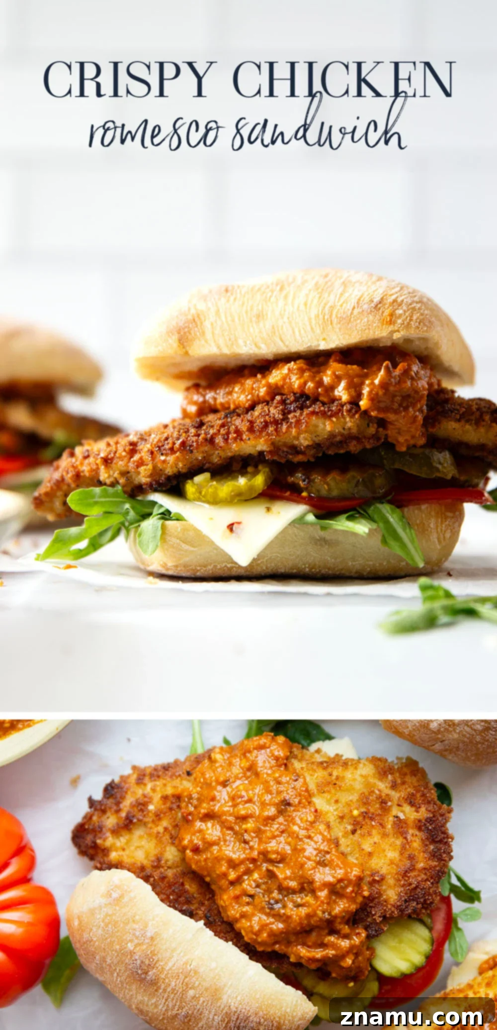 Romesco Chicken Crunch Sandwich 7 A dynamic overhead shot of the Crispy Chicken Romesco Sandwich, with ingredients artfully arranged around it, inviting the viewer to try this recipe.