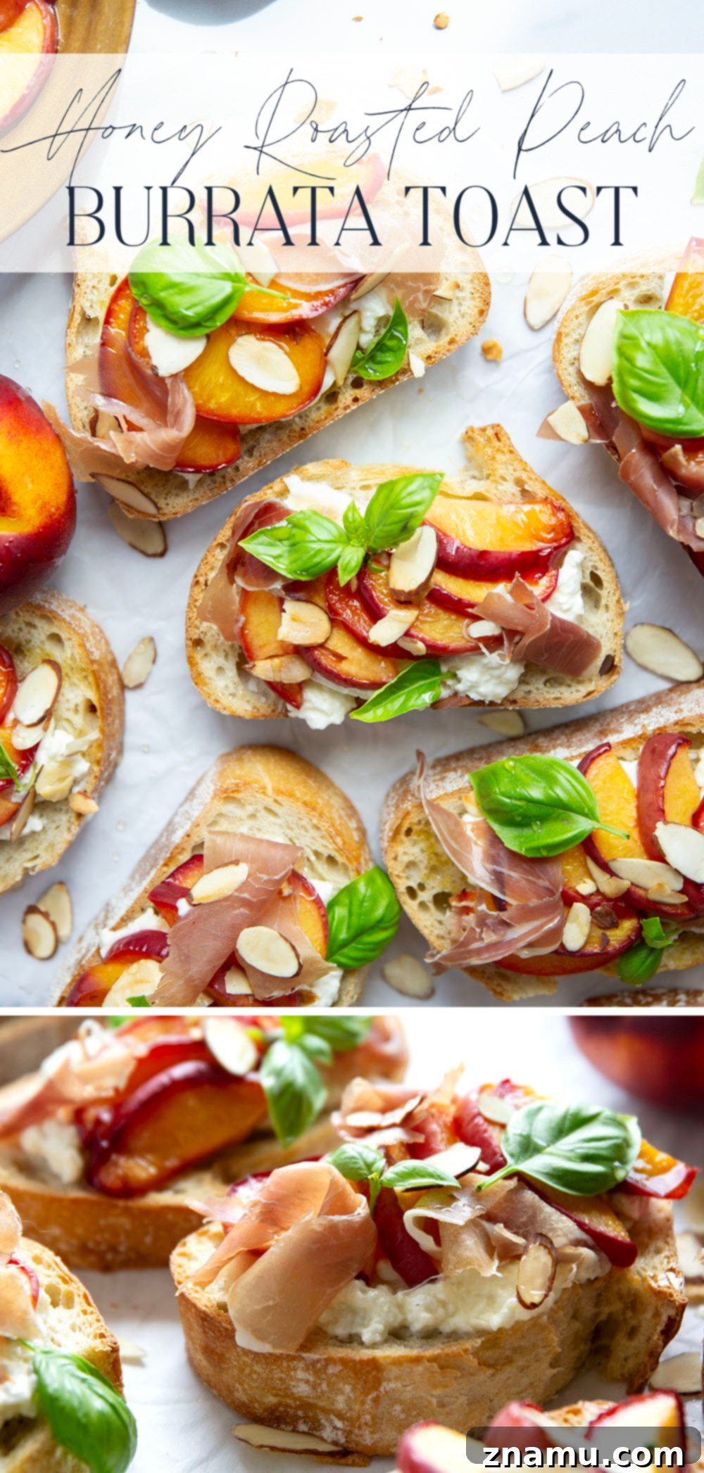 Burrata Toast with Honey Roasted Peaches 7 A beautifully composed shot of Honey Roasted Peach Burrata Toast, emphasizing its freshness and gourmet appeal.