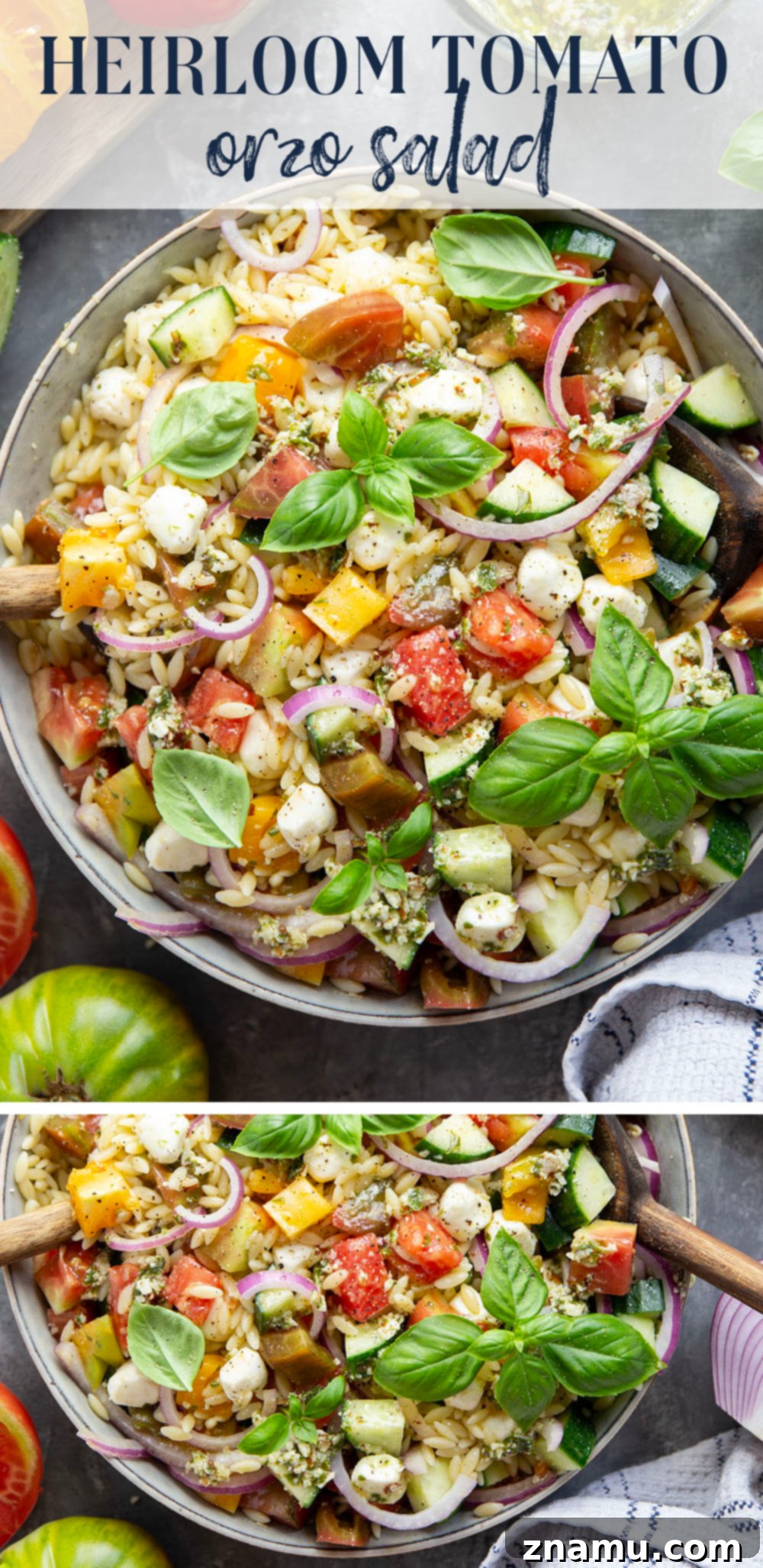 Heirloom Tomato & Orzo Medley with Zesty Pesto Vinaigrette 7 Loaded with summery heirloom tomatoes and a flavorful pesto vinaigrette, this heirloom tomato orzo salad comes together in a snap and is loaded with fresh ingredients!