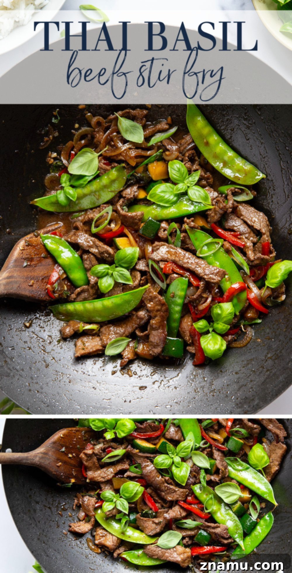Wok-Fired Thai Basil Beef 6 This Thai basil beef stir fry features juicy seared steak strips in a savory sauce with lots of tender vegetables and fresh basil.