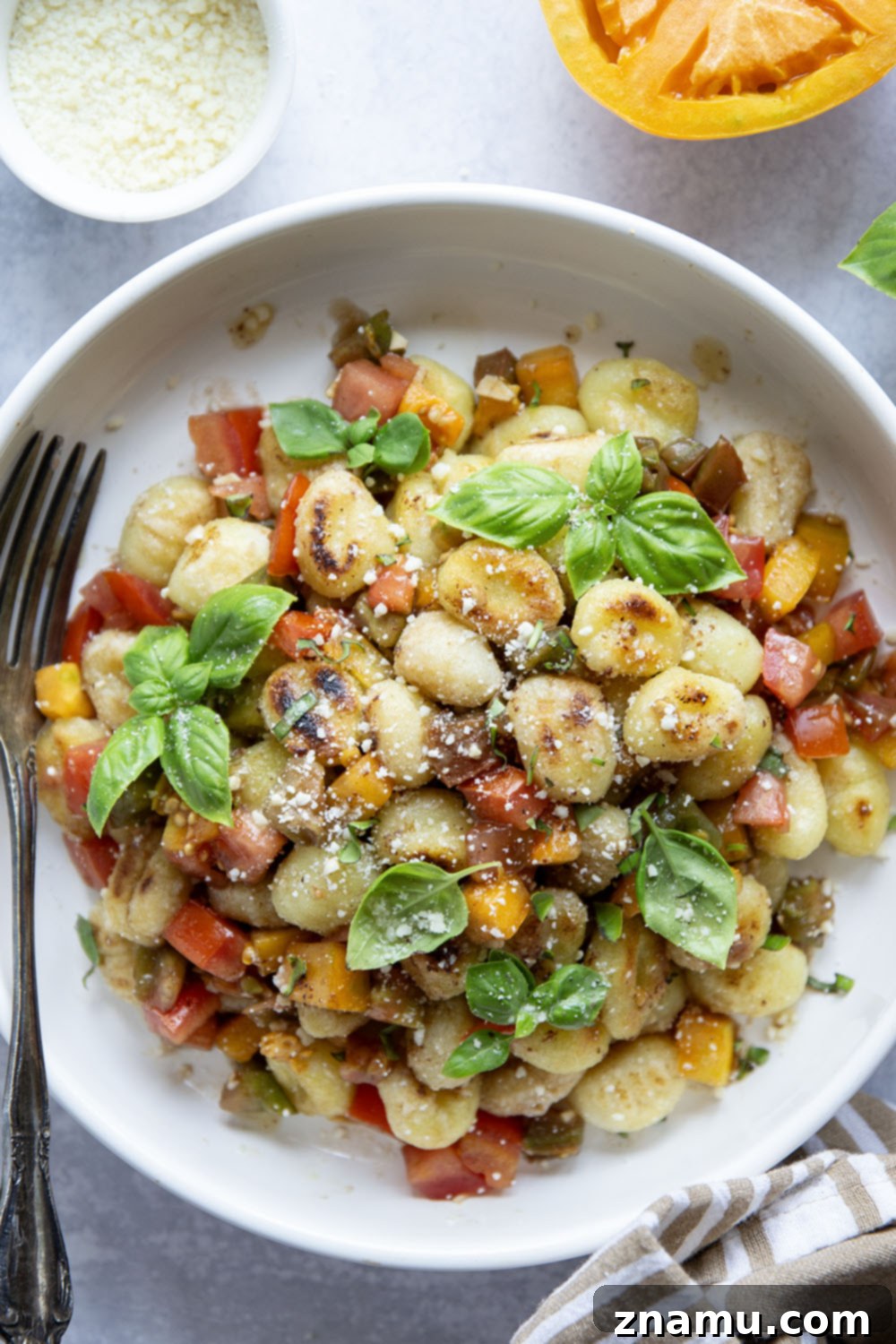 Golden-Crisp Bruschetta Gnocchi with Nutty Brown Butter 4 This bruschetta gnocchi features crispy pan-fried gnocchi topped with a fresh tomato bruschetta topping and a few drizzles of nutty browned butter.
