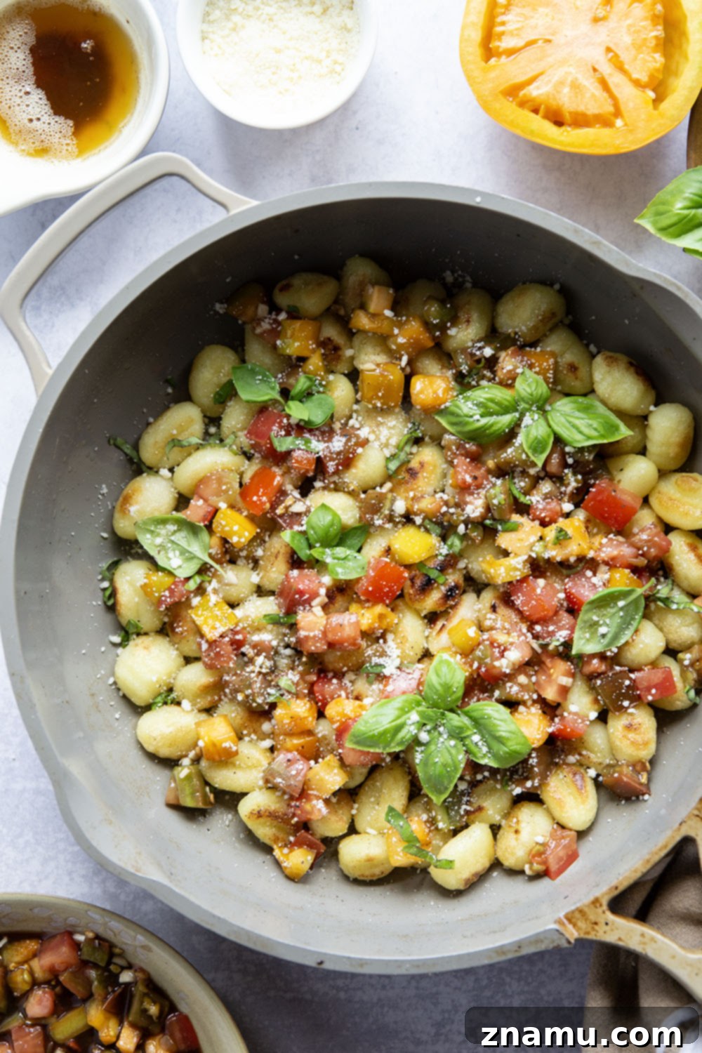 Golden-Crisp Bruschetta Gnocchi with Nutty Brown Butter 5 This bruschetta gnocchi features crispy pan-fried gnocchi topped with a fresh tomato bruschetta topping and a few drizzles of nutty browned butter.