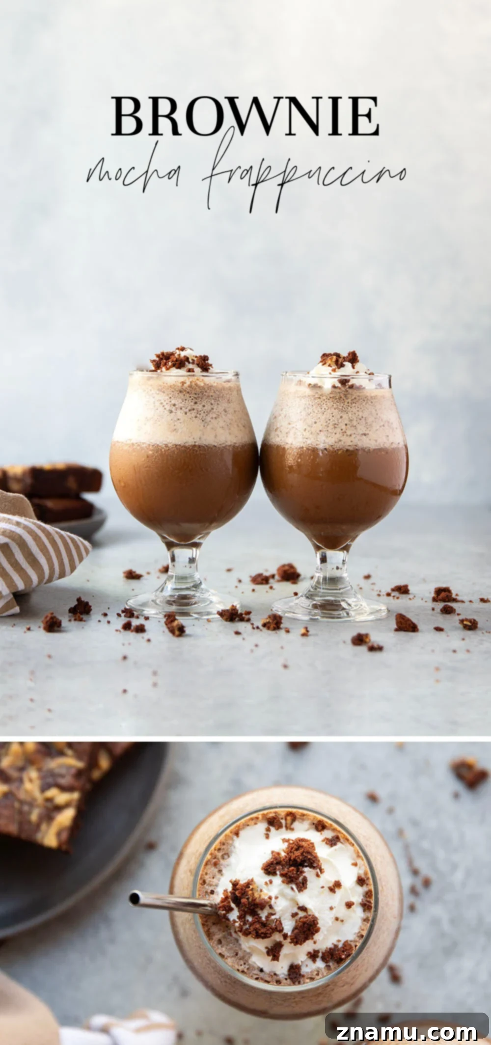 Fudgy Mocha Freeze 7 A tall glass of Brownie Mocha Frappuccino, showcasing the layers of rich coffee and brownie goodness