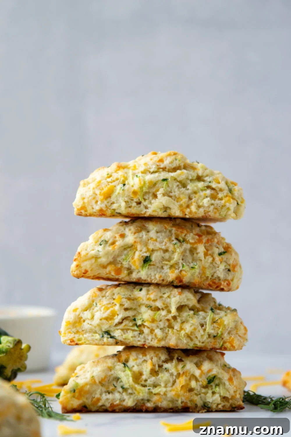 Bright Dill Cheddar Zucchini Scones 2 Close-up of freshly baked savory cheddar dill zucchini scones on a cooling rack, showcasing their golden crust and visible herbs.