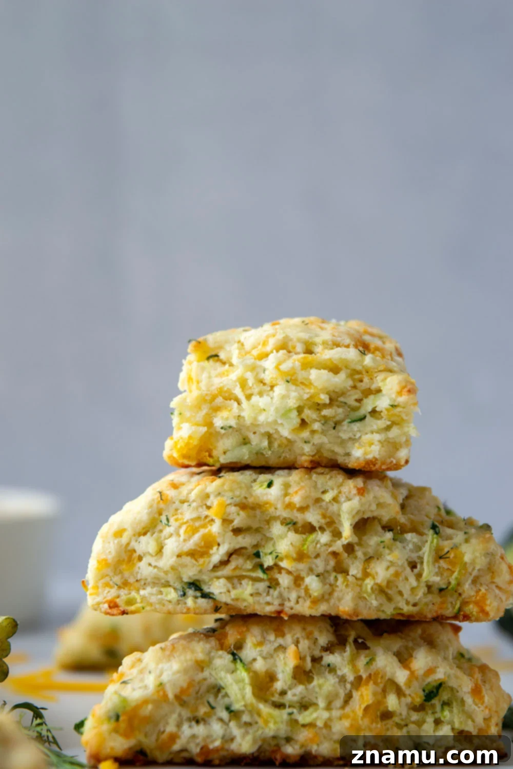 Bright Dill Cheddar Zucchini Scones 4 Ingredients for cheddar dill zucchini scones laid out on a wooden surface: shredded zucchini, fresh dill, and sharp cheddar cheese.
