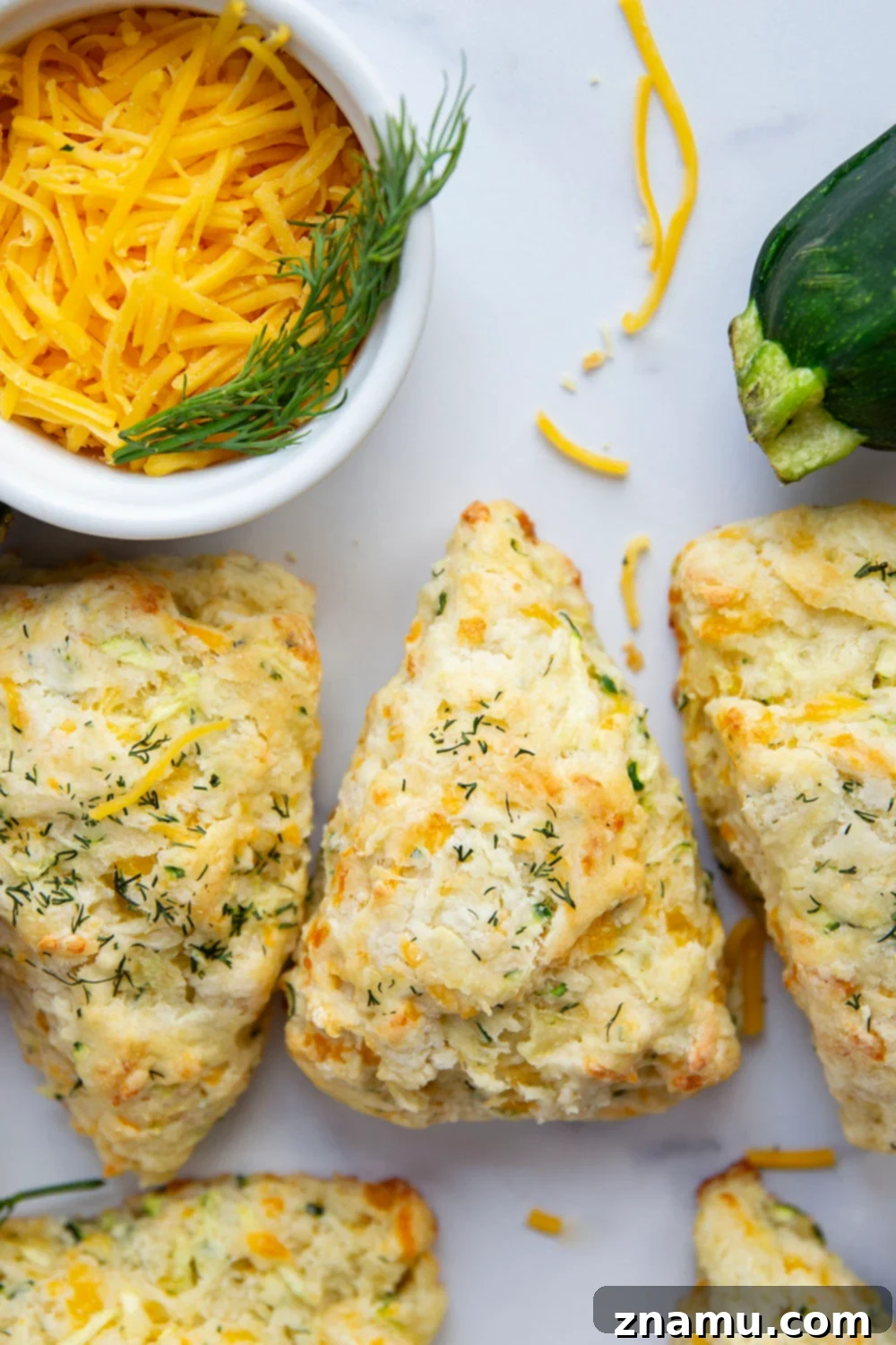Bright Dill Cheddar Zucchini Scones 6 Two freshly baked cheddar dill zucchini scones with a bite taken out of one, revealing the fluffy interior and melted cheese.
