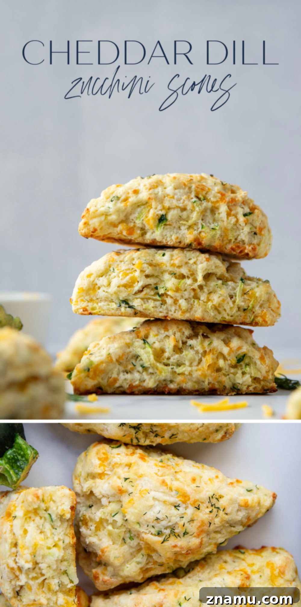 Bright Dill Cheddar Zucchini Scones 7 Close-up of a perfectly baked cheddar dill zucchini scone on a cooling rack, golden and flaky.