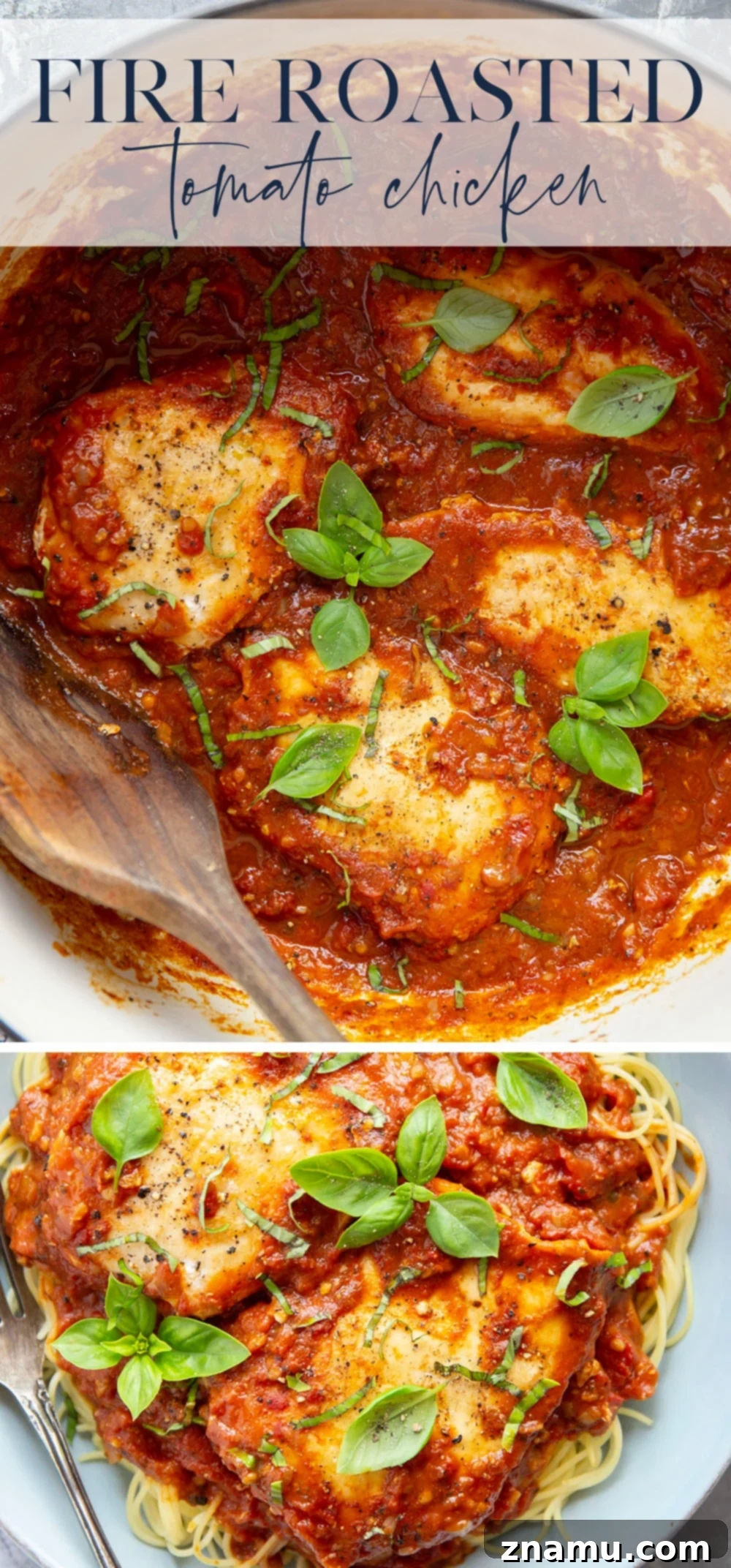 Creamy Fire-Roasted Tomato Chicken 7 Homemade fire roasted tomatoes serve as the base to this flavorful fire roasted tomato chicken that features tender chicken breasts simmered in a creamy scratch-made tomato sauce with lots of fresh basil.