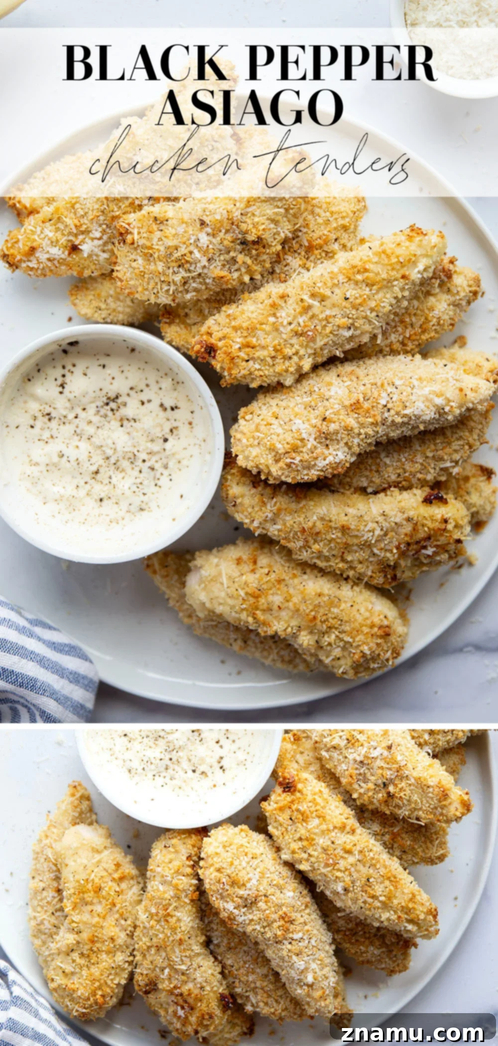 Final presentation of crispy black pepper asiago chicken tenders