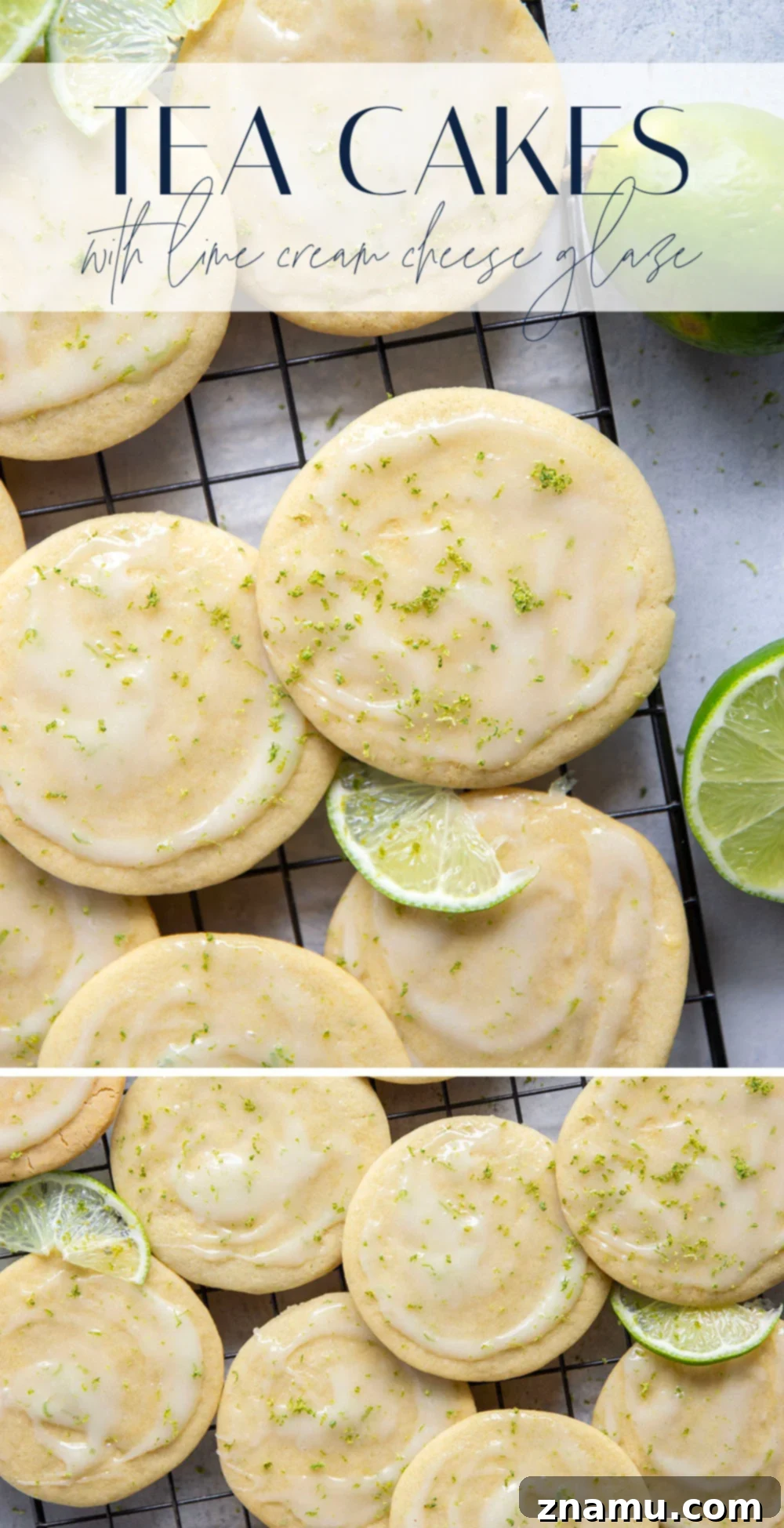 Zesty Lime Cream Cheese Tea Cakes 7 A beautifully arranged plate of lime cream cheese glazed tea cakes with fresh lime slices
