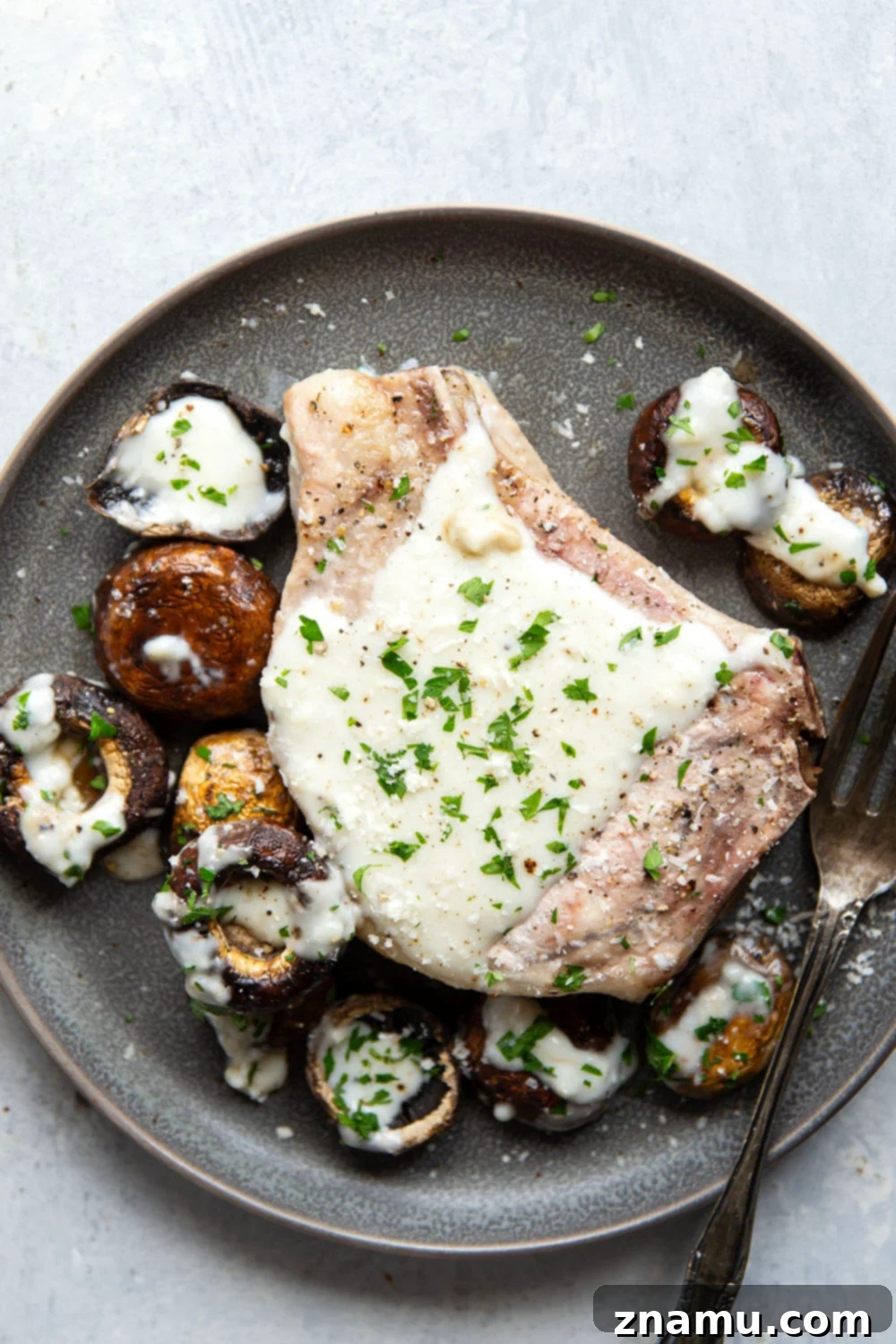 Garlic Parmesan Pork Chops and Mushrooms, Fresh Out of the Oven with Sauce Ready
