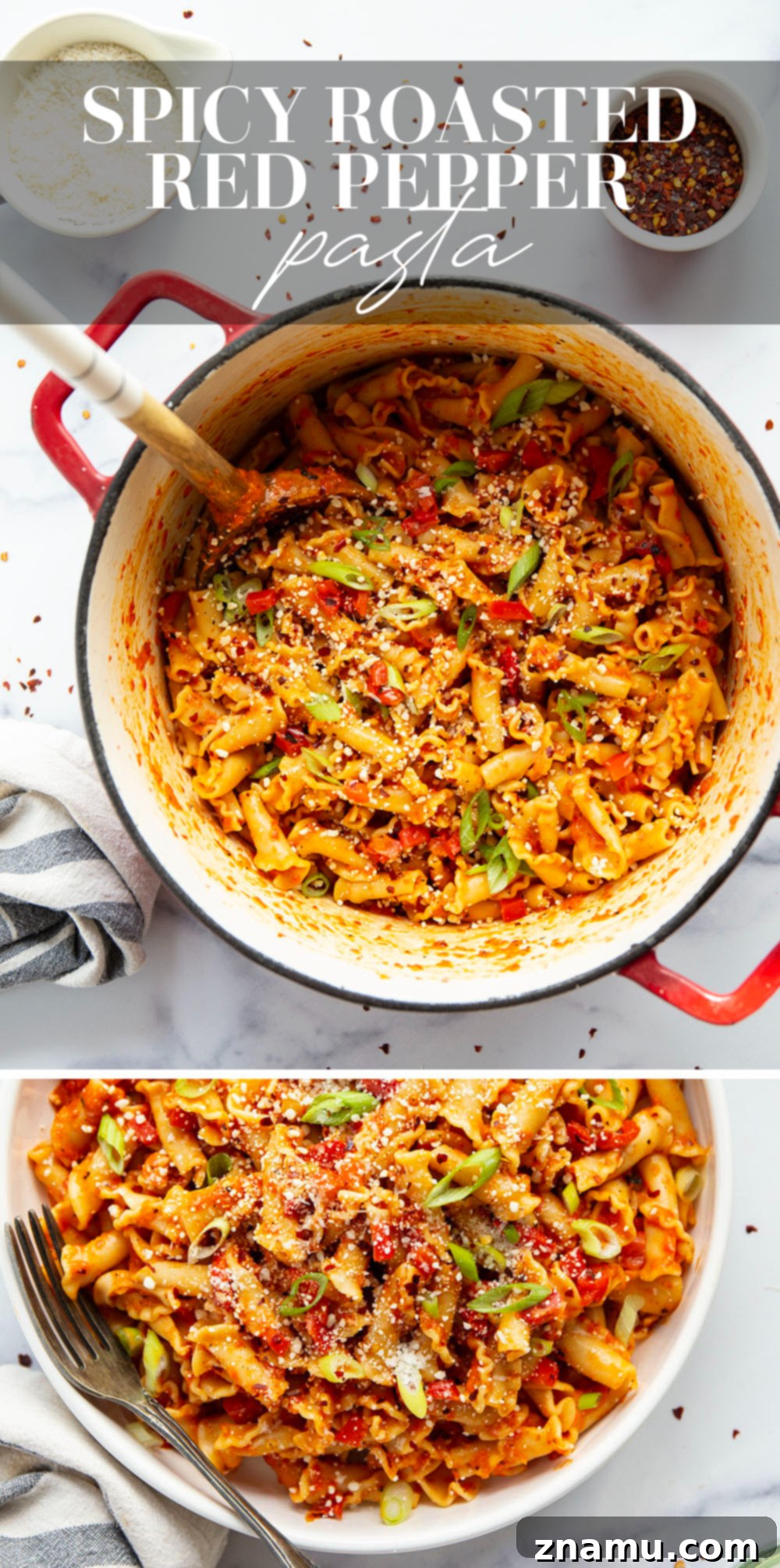Fiery Roasted Red Pepper Pasta 7 A large serving of spicy roasted red pepper pasta on a rustic background.