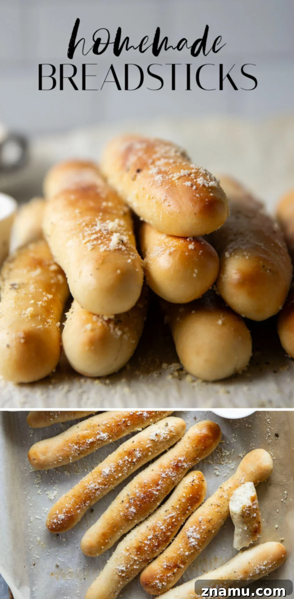 Irresistible Homemade Breadsticks 7 Overhead shot of a full batch of homemade garlic herb breadsticks on a wooden cutting board.
