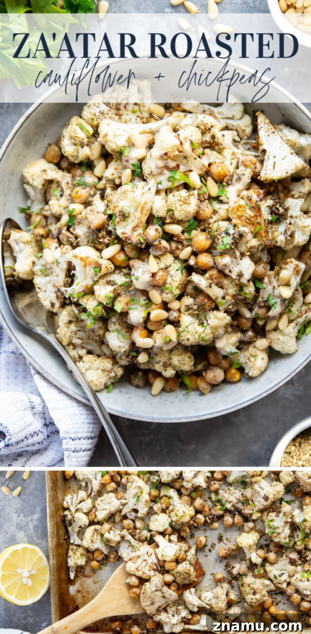 Za'atar Roasted Cauliflower & Chickpea Delight 7 A close-up of a rustic wooden bowl filled with Za'atar Roasted Cauliflower and Chickpeas, artfully arranged.