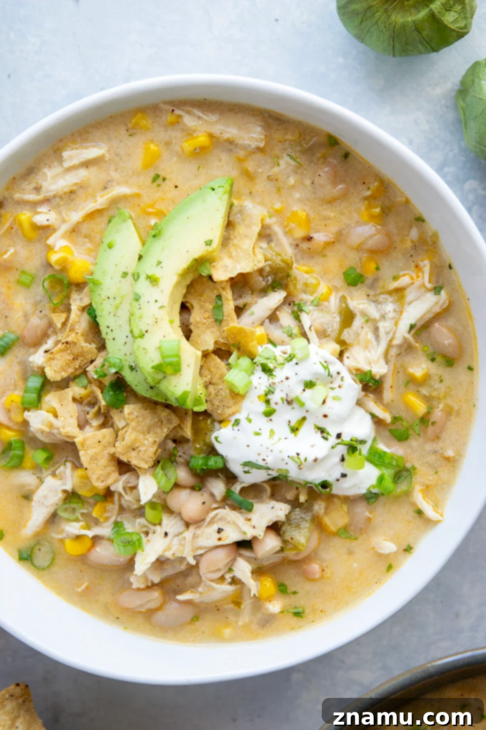 Smoky Verde Chicken Chili 3 Close-up of a rustic bowl of creamy white chicken chili with visible pieces of chicken, white beans, and roasted tomatillos, ready to be enjoyed.