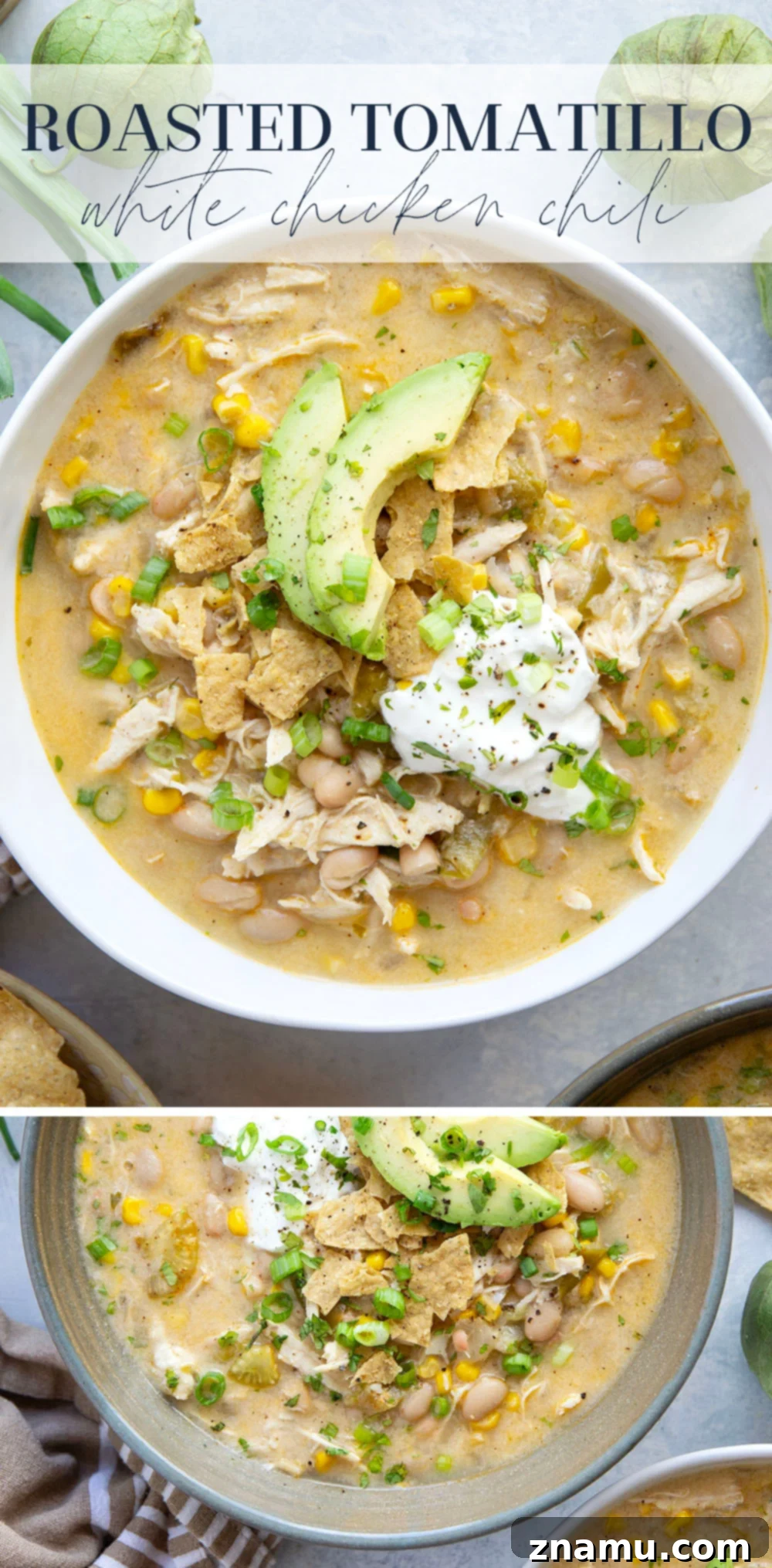 Smoky Verde Chicken Chili 7 A final, artfully styled shot of a large pot of Tomatillo White Chicken Chili, ready to be served, with some fresh toppings on the side.