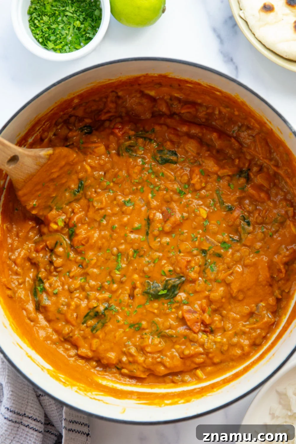 Spiced Pumpkin Lentil Curry 2 A top-down view of a bowl of creamy pumpkin lentil curry with fresh cilantro and lime wedges, served over rice.