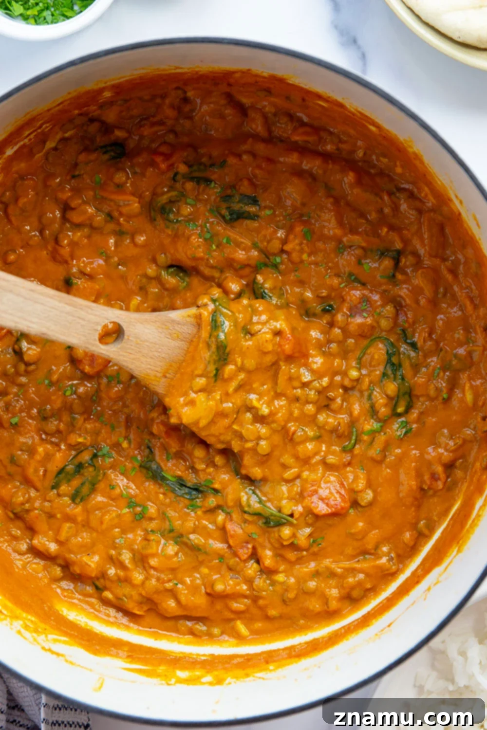 Spiced Pumpkin Lentil Curry 6 A large serving bowl of pumpkin lentil curry on a wooden table, with fresh cilantro.
