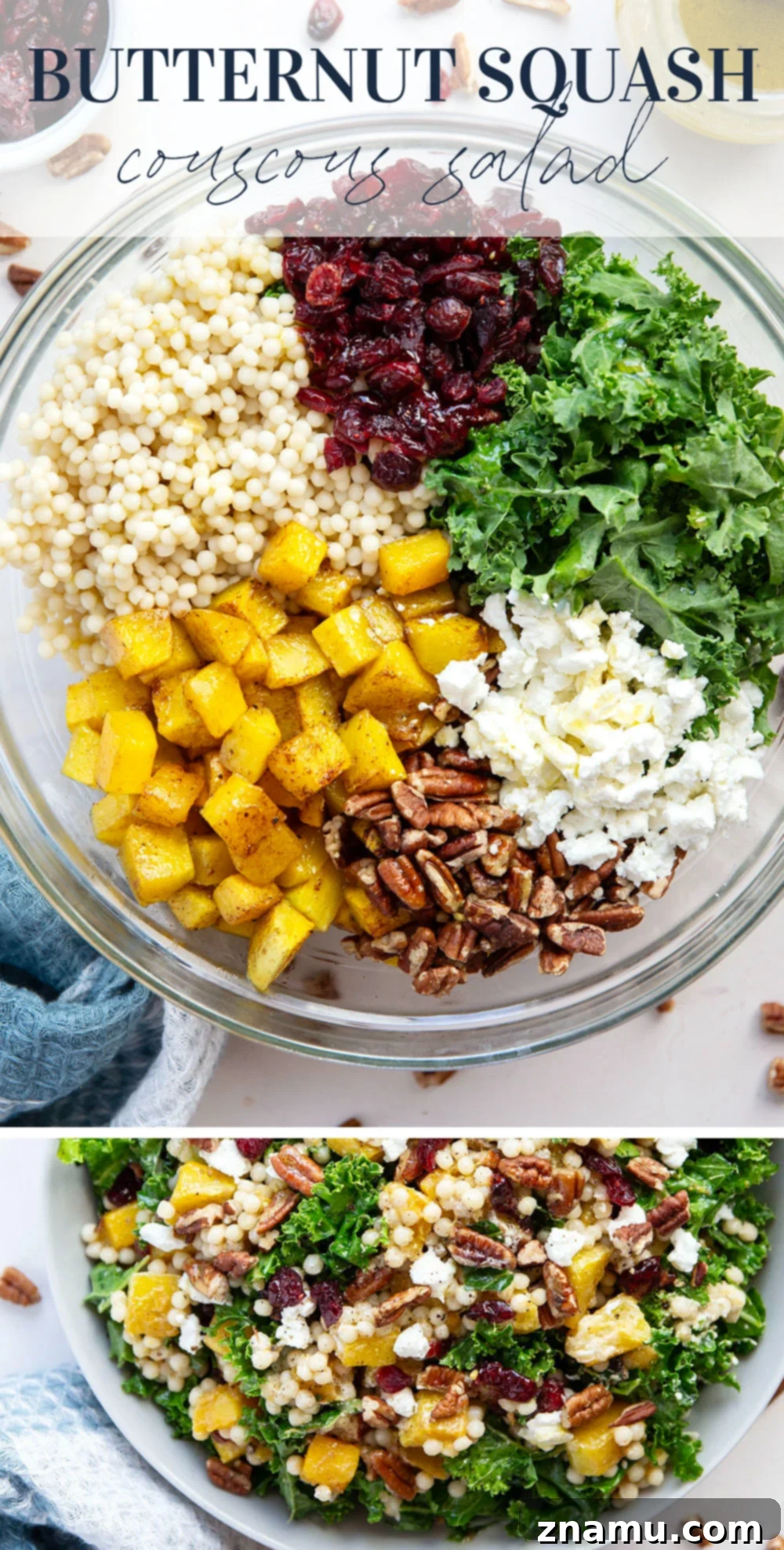 Vibrant Roasted Butternut Squash Couscous Salad 7 This butternut squash couscous salad features spice-roasted butternut squash, tender pearl couscous, and lots of fall ingredients all tossed in a honey Dijon dressing.