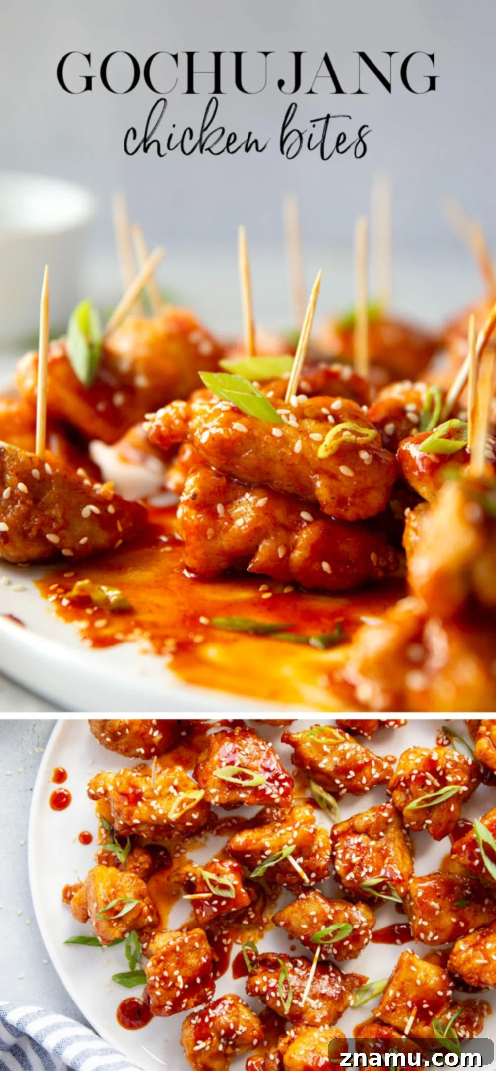 Gochujang Glazed Chicken Bites 7 Large close-up shot of a single sticky gochujang chicken bite, highlighting its texture and glaze.