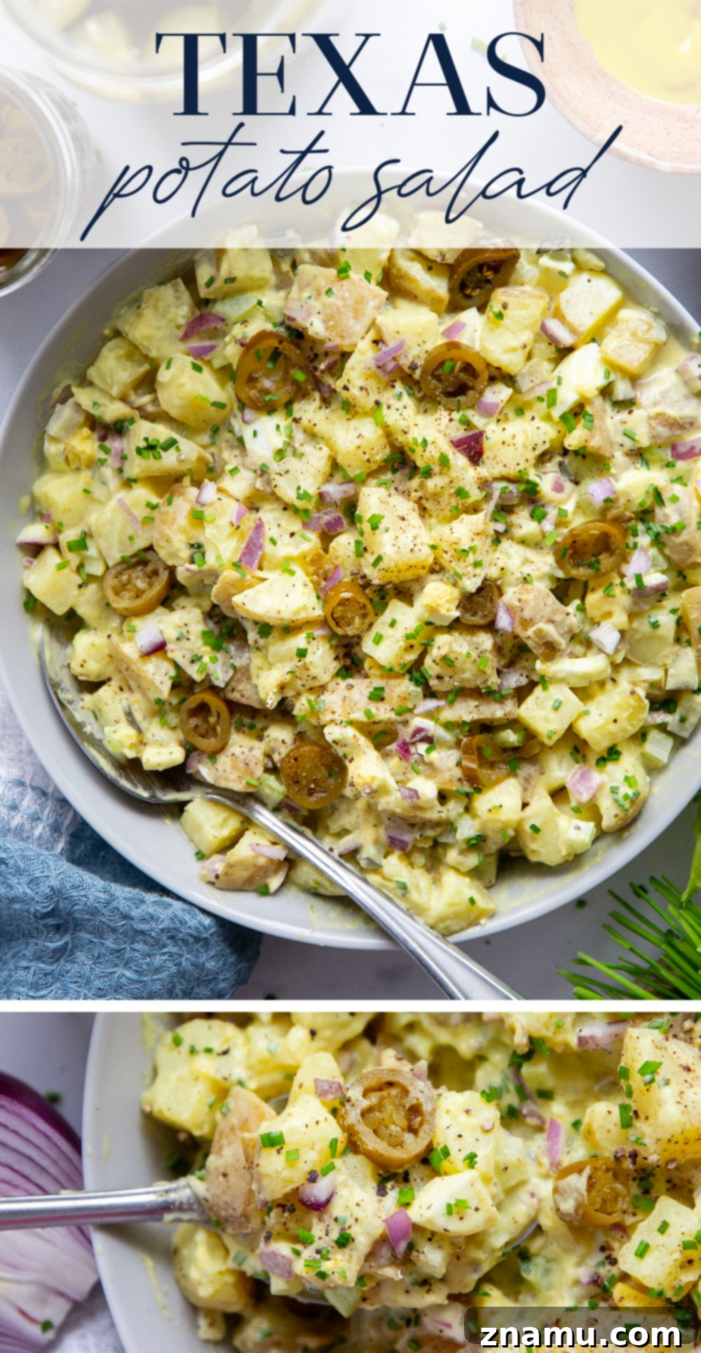 Authentic Texas Potato Salad 7 Texas potato salad features a tangy yellow mustard dressing coating tender potatoes with lots of pickled jalapenos for a kick of heat.