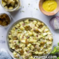 Authentic Texas Potato Salad 8 Texas potato salad features a tangy yellow mustard dressing coating tender potatoes with lots of pickled jalapenos for a kick of heat.