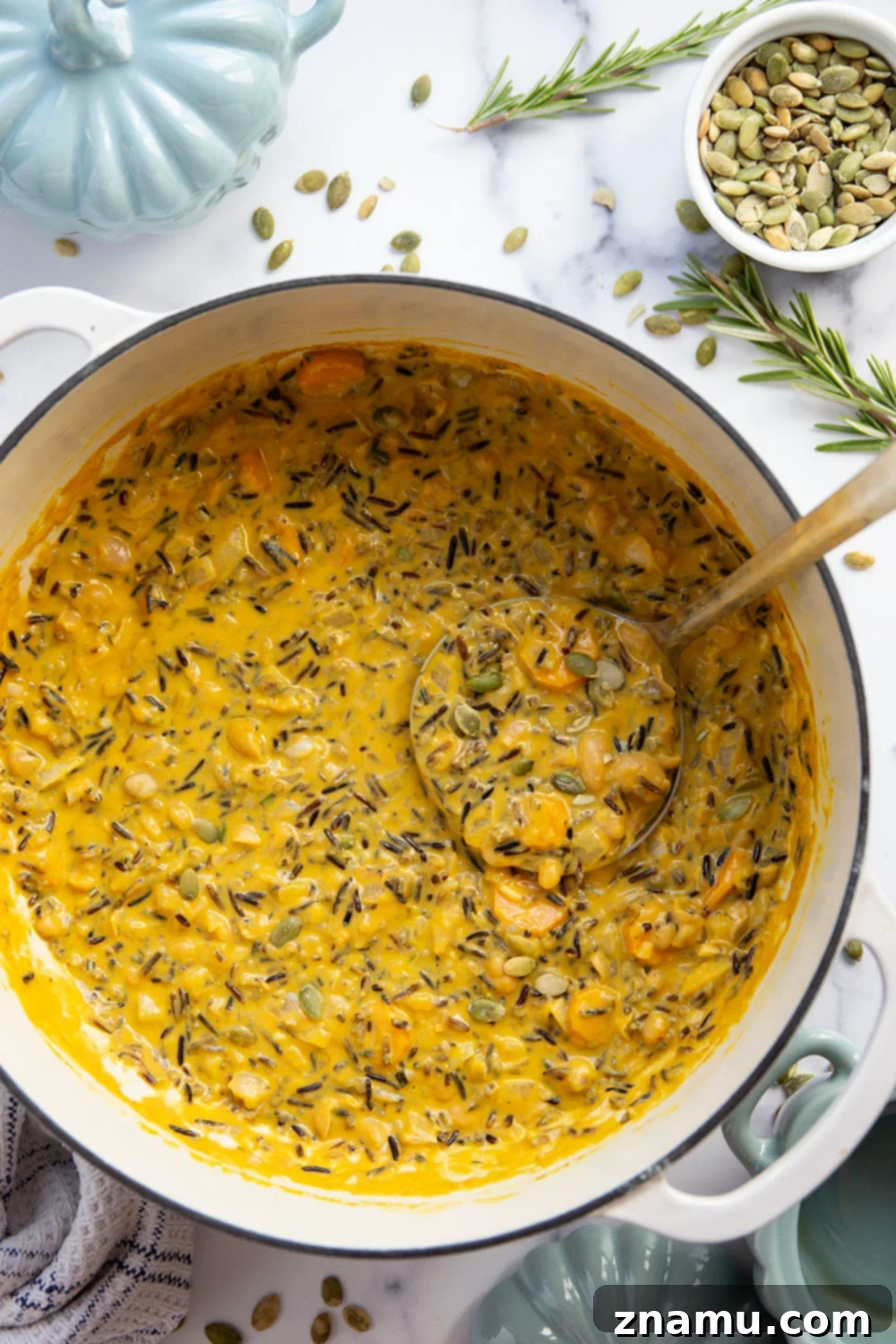 Velvet Pumpkin and Wild Rice Delight 4 Creamy pumpkin and hearty wild rice are the perfect duo in this easy one-pot pumpkin wild rice soup!