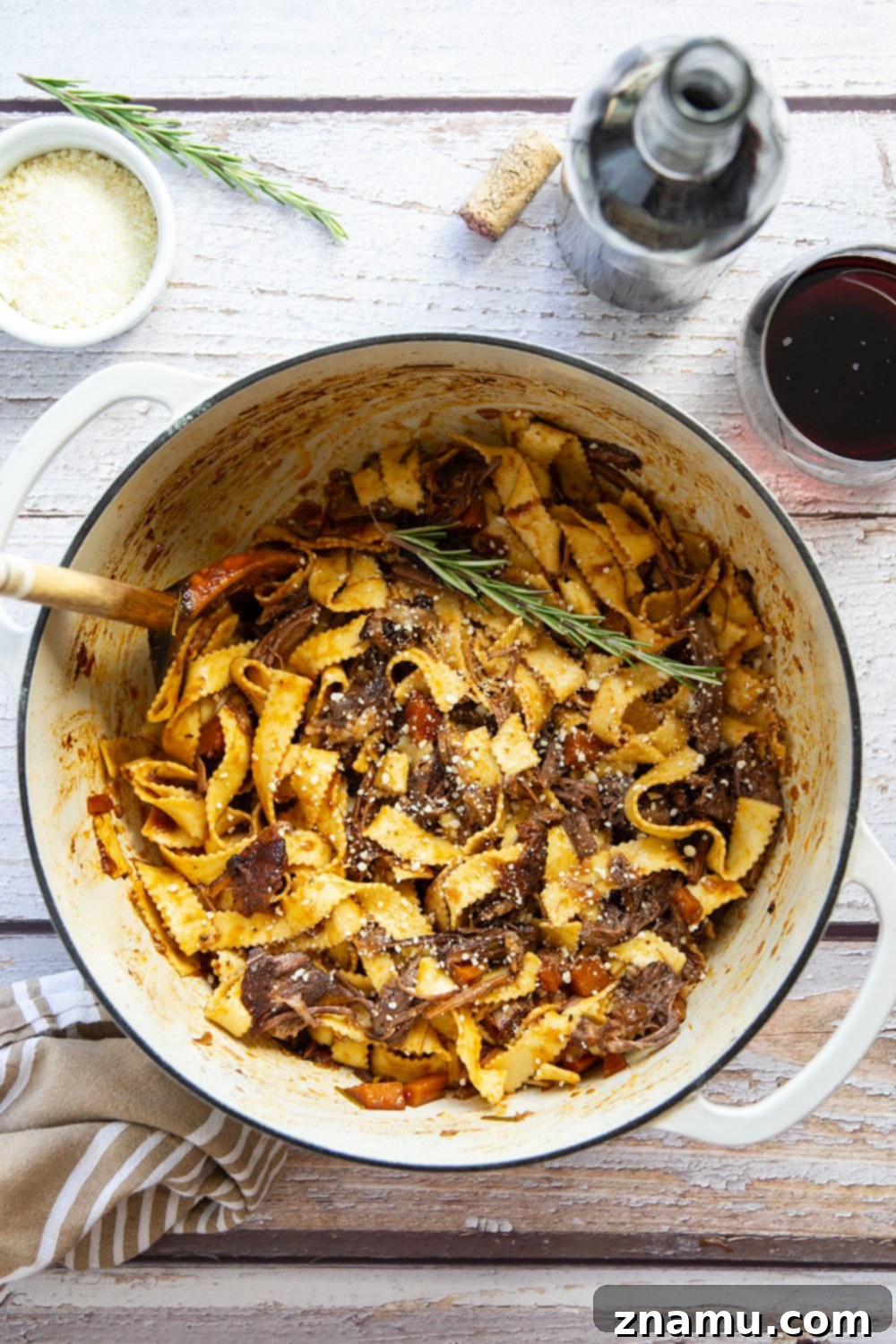 Braised for hours in flavorful red wine and lots of aromatics, this red wine beef short rib ragu features tender pappardelle noodles folded into a fall-apart tender short rib red wine sauce.