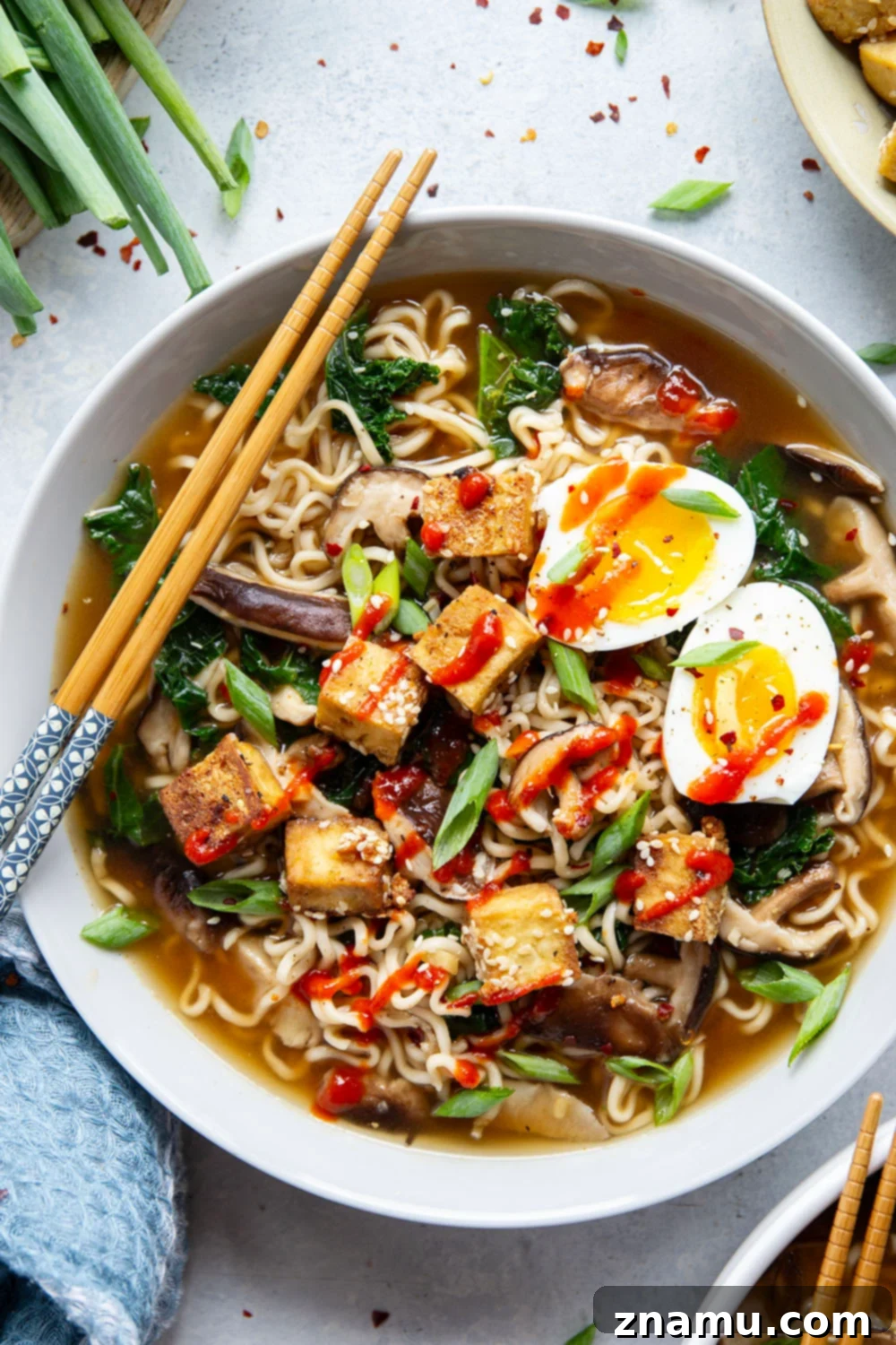 Loaded with tender shiitake mushrooms and crispy sesame tofu in a savory veggie broth, this shiitake mushroom ramen is packed to capacity with flavor!