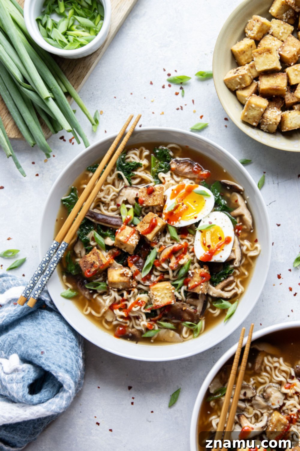 Loaded with tender shiitake mushrooms and crispy sesame tofu in a savory veggie broth, this shiitake mushroom ramen is packed to capacity with flavor!