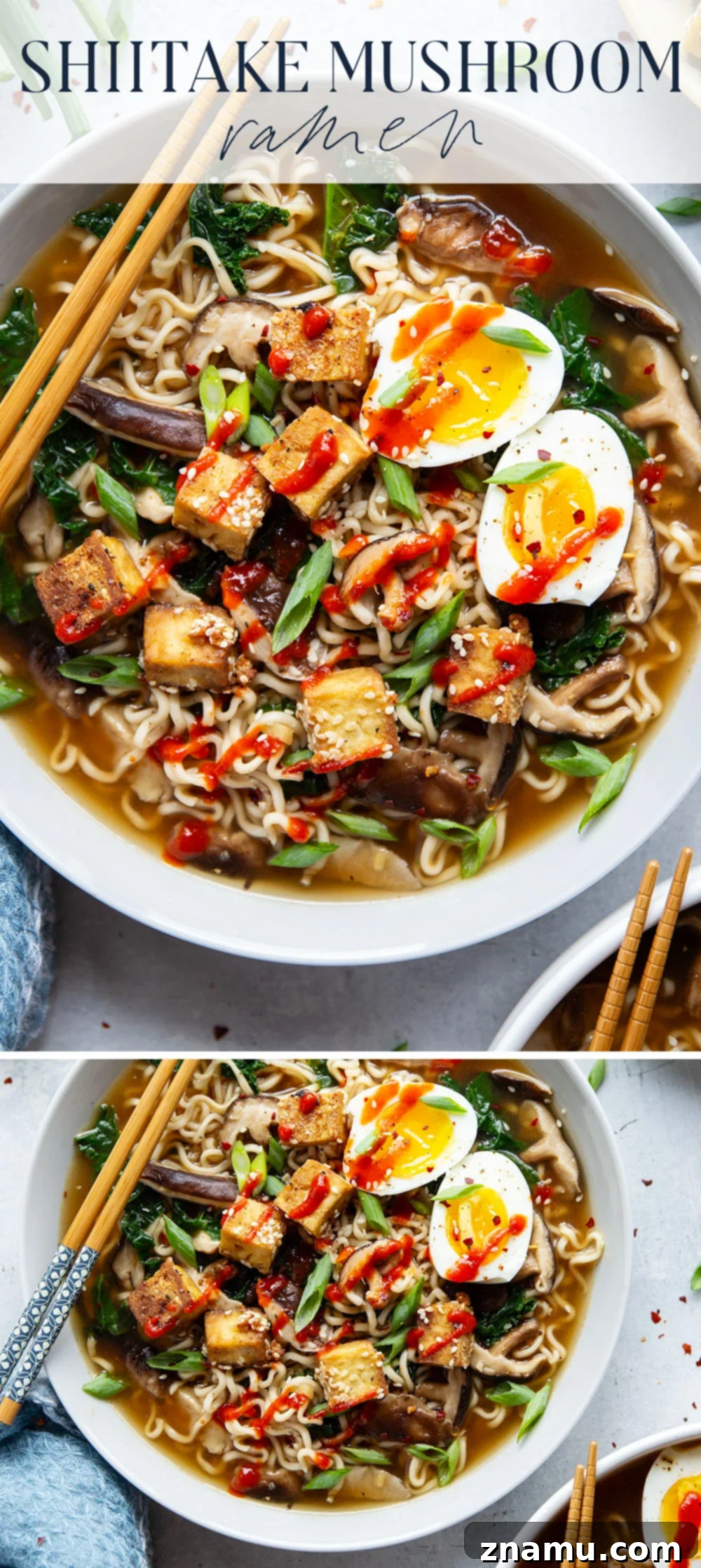 Loaded with tender shiitake mushrooms and crispy sesame tofu in a savory veggie broth, this shiitake mushroom ramen is packed to capacity with flavor!