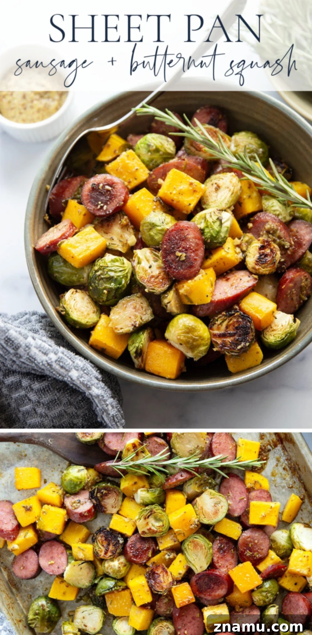 Rustic Sausage and Butternut Sheet Pan Dinner 7 A large sheet pan full of golden-brown roasted sausage, butternut squash, and brussels sprouts after cooking.