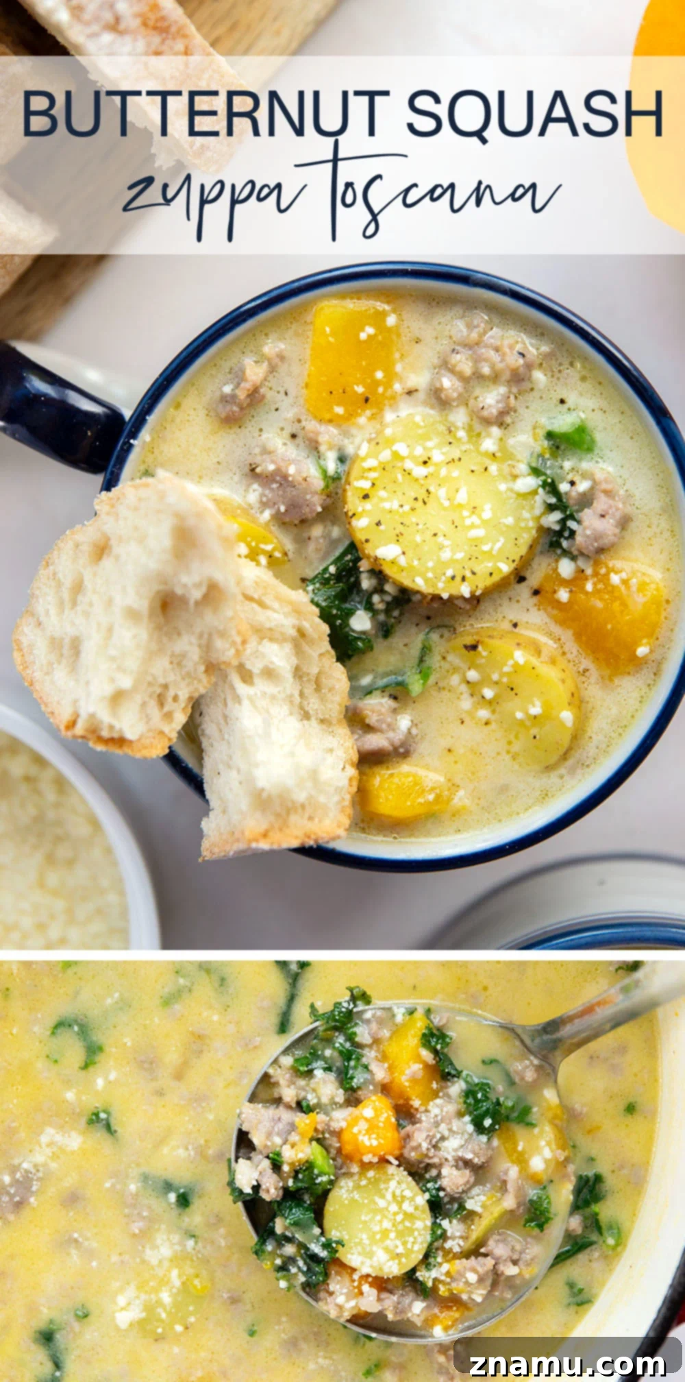 Soft butternut squash cubes change up classic zuppa toscana into a fall comfort food favorite! This butternut squash zuppa toscana comes together in minutes and is amazing with rustic bread for dipping.