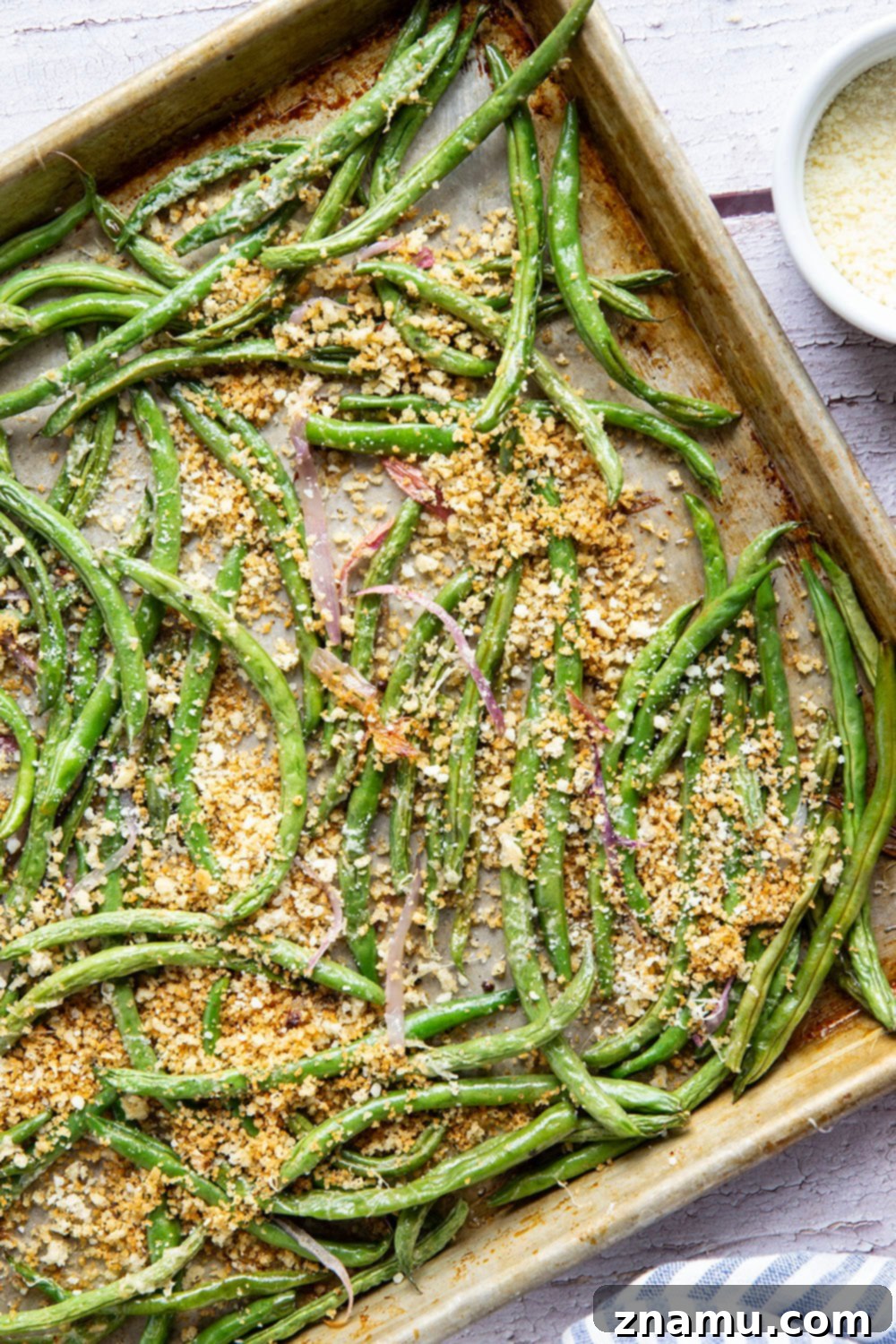 Golden Green Beans with Nutty Butter and Garlic Crunch 3 Close-up of browned butter green beans showing the nutty brown butter and crunchy garlic breadcrumbs.
