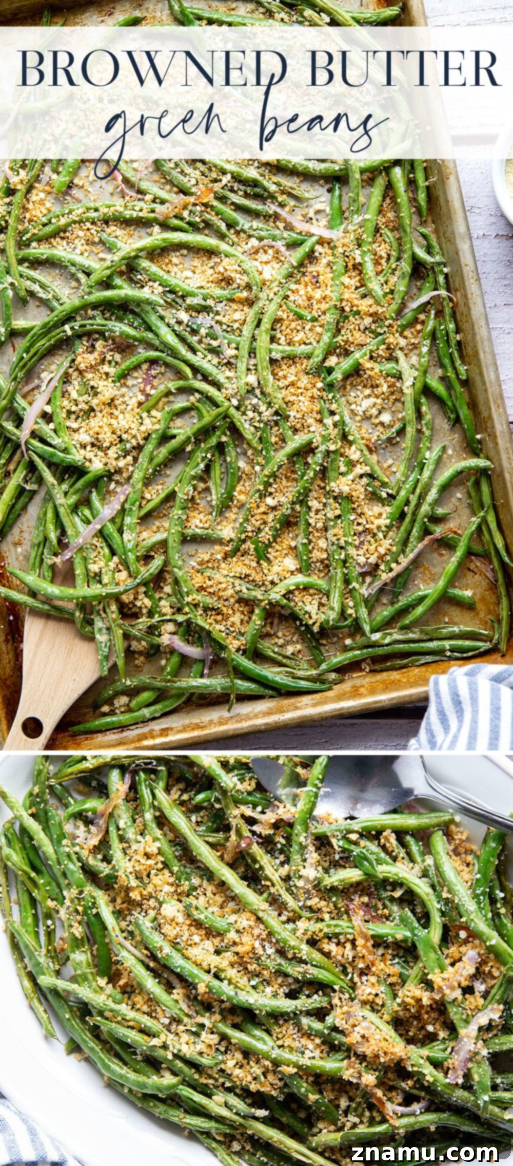 Golden Green Beans with Nutty Butter and Garlic Crunch 7 Overhead shot of browned butter green beans with garlic breadcrumbs in a rustic bowl.